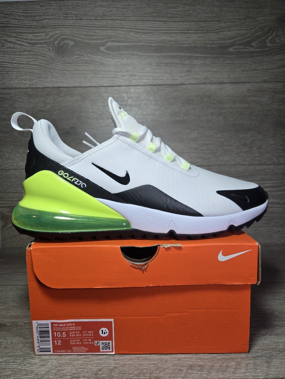 Nike Golf Shoes Air Max 270 Spikeless White / Black / Volt CK6483 105 Mens 10.5